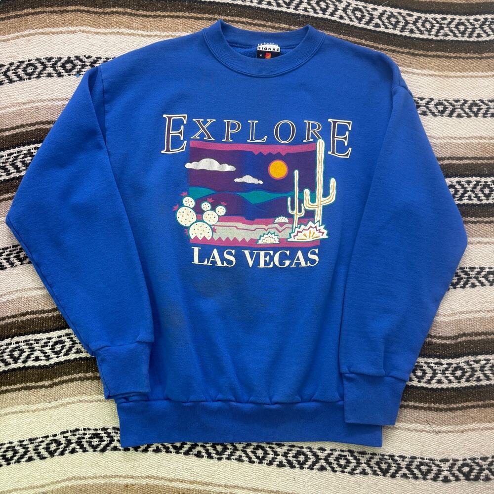 Vintage Explore Las Vegas Blue Cactus Desert Crewneck Pullover Sweatshirt Sz XL